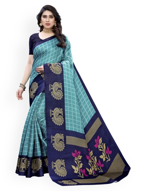 

KALINI Turquoise Blue Silk Blend Checked Khadi Saree
