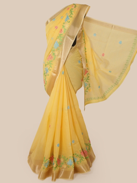 

Pothys Yellow Cotton Blend Embroidered Chanderi Saree