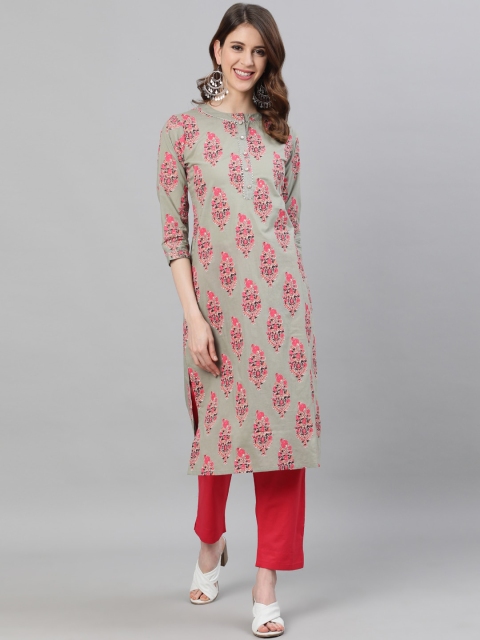 

Ishin Women Sea Green & Pink Printed Kurta with Trousers