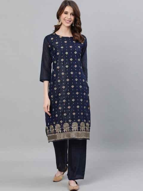 

Ishin Women Navy Blue & Gold-Toned Embroidered Kurta with Trousers