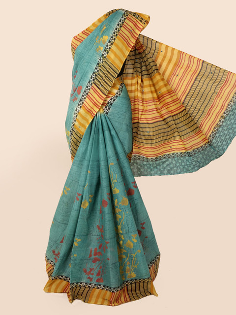 

Pothys Sea Green & Mustard Cotton Blend Printed Saree