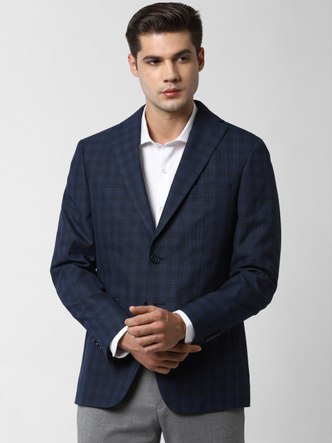 

Peter England Elite Men Navy Blue Checked Single Breasted Slim Fit Blazers