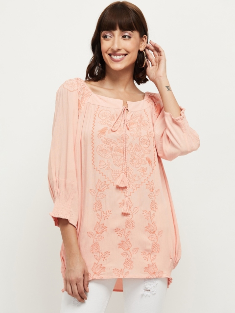 

max Peach-Coloured Floral Embroidered Tie-Up Neck Georgette High-Low Top