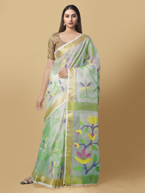 

Unnati Silks Cream-Coloured & Green Silk Cotton Woven Design Maheshwari Saree