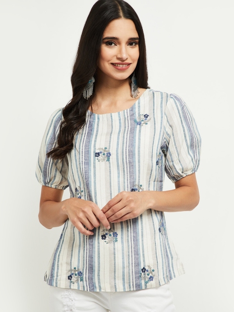 

max White & Blue Striped Georgette Regular Top