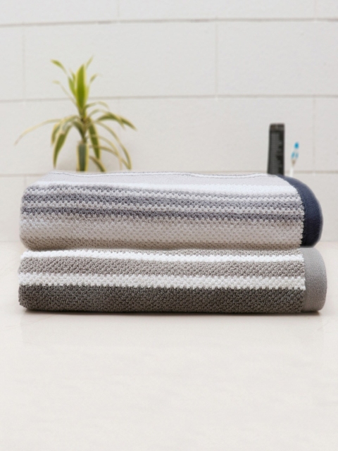 

AVI Living Set Of 2 Charcoal Grey & Blue Striped 550 GSM Cotton Bath Towels