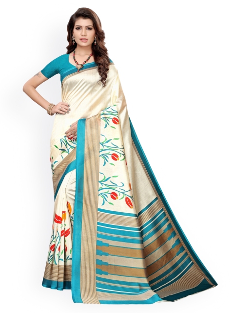 

KALINI Cream-Coloured & Turquoise Blue Poly Silk Printed Pochampally Saree