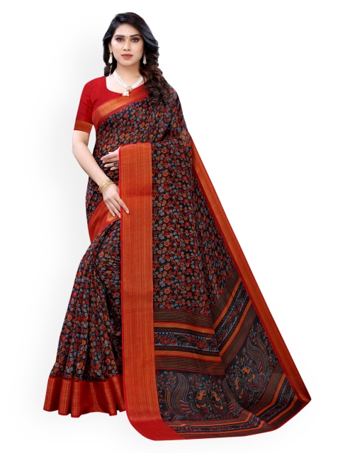 

KALINI Black & Red Polycotton Floral Printed Saree