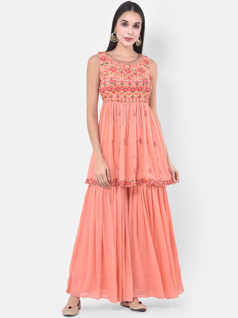 

Neerus Women Pink Embroidered Empire Kurti with Sharara & With Dupatta