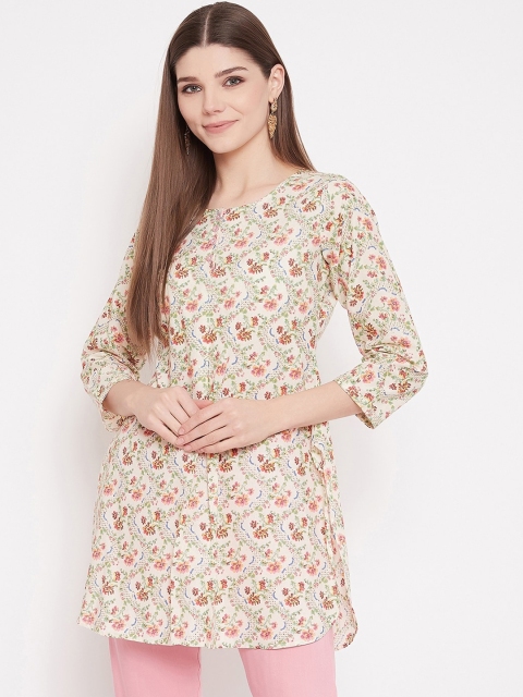 

Tissu Women Off White & Green Printed Cotton Straight Kurti