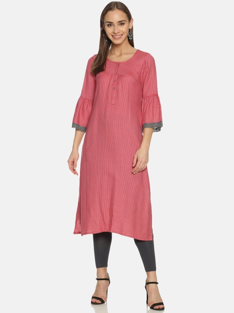 

Saffron Threads Women Red Bell Sleeves Cotton Dobby Kurta