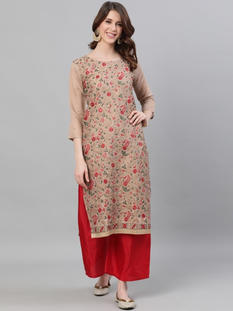

Ishin Women Beige & Red Embroidered Kurta with Palazzos