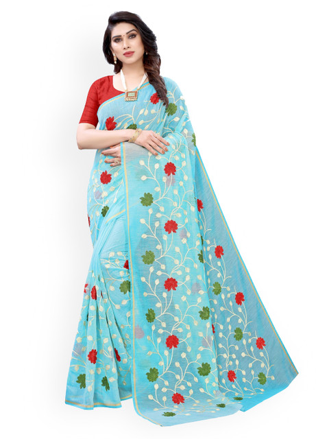 

KALINI Blue & Red Polycotton Embroidered Saree