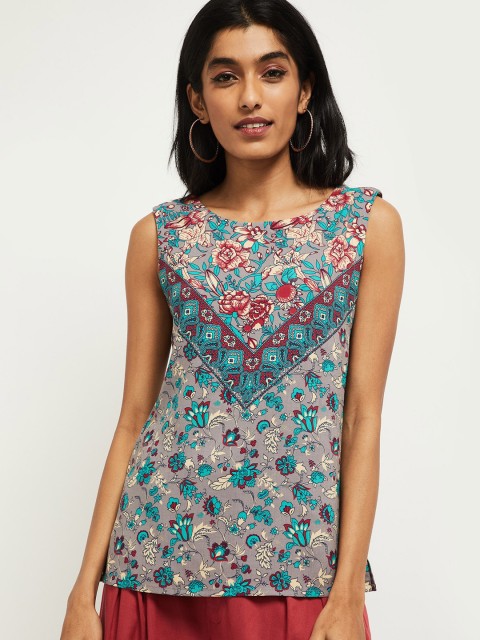 

max Grey & Pink Floral Georgette Regular Top
