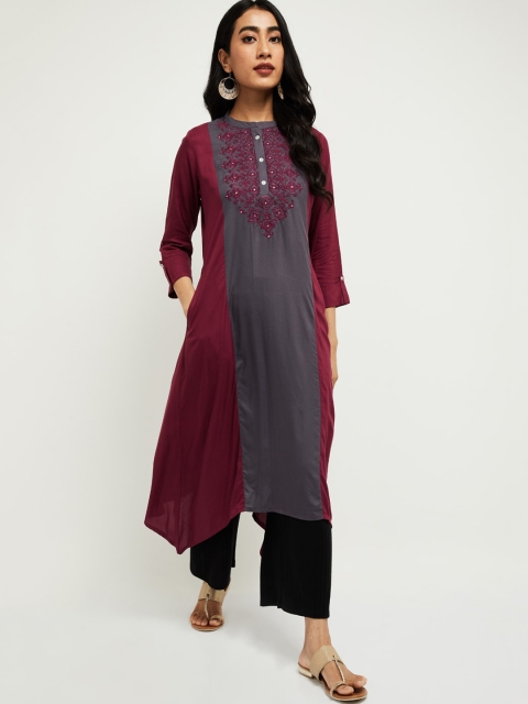 

max Women Burgundy & Grey Colourblocked Thread Work Kurta