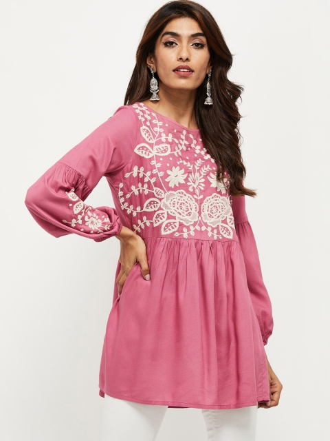 

max Pink Floral Embroidered Georgette A-Line Longline Top
