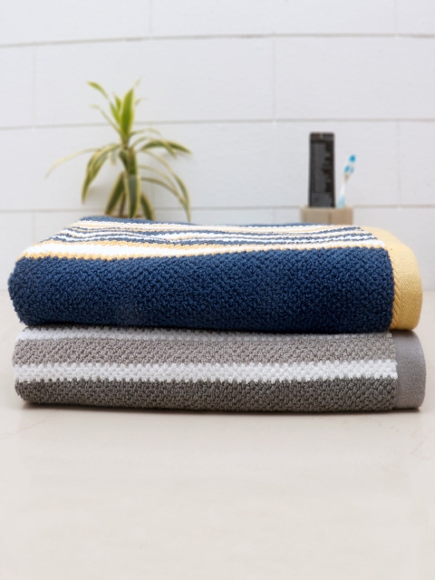 

AVI Living Set Of 2 Charcoal Grey & Blue Striped 550 GSM Cotton Bath Towels