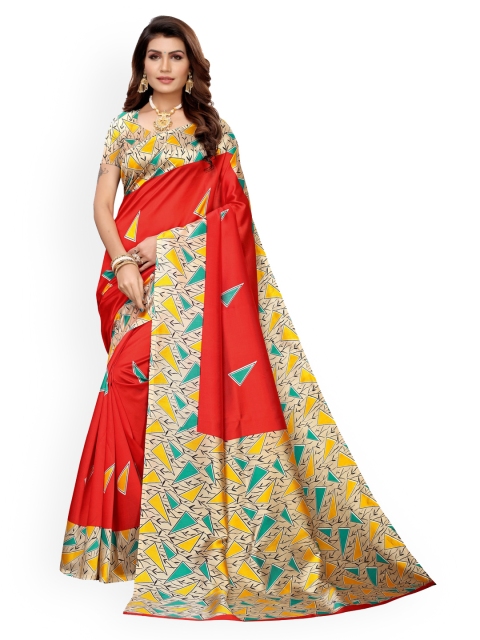 

KALINI Red & Cream-Coloured Poly Silk Printed Pochampally Saree