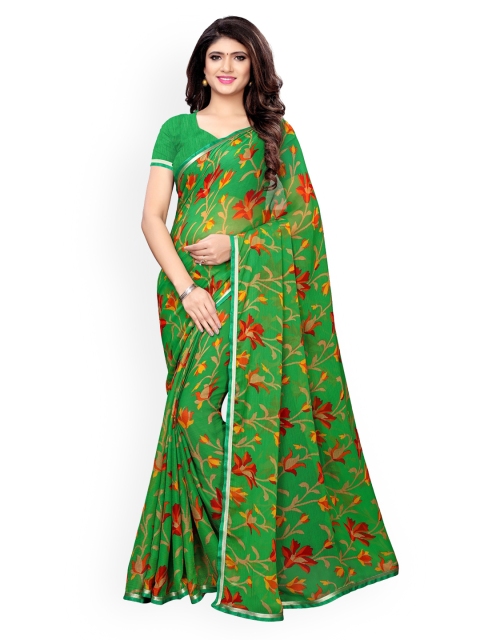 

KALINI Green Floral Printed Pure Chiffon Saree