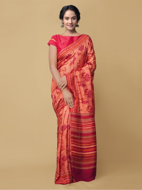 

Unnati Silks Red Pure Silk Printed Tussar Saree