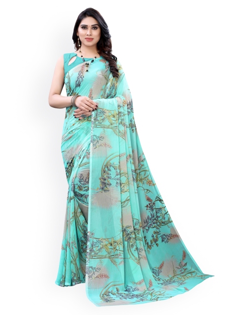 

KALINI Turquoise Blue Printed Poly Chiffon Saree