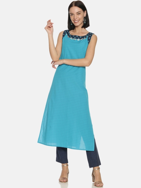 

Saffron Threads Women Blue Checked Cotton Kurta