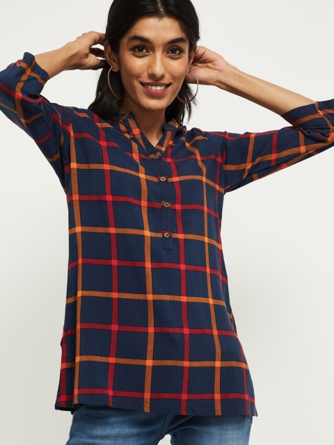

max Navy Blue & Orange Checked Georgette Shirt Style Top