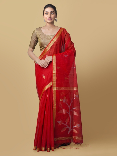 

Unnati Silks Red Silk Cotton Printed Maheshwari Saree