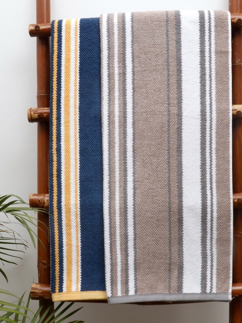 

AVI Living Set Of 2 Mustard-Yellow & Grey Striped 550 GSM Cotton Bath Towels
