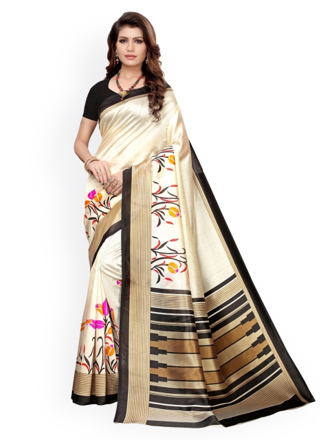 

KALINI Cream-Coloured & Black Poly Silk Solid Pochampally Saree