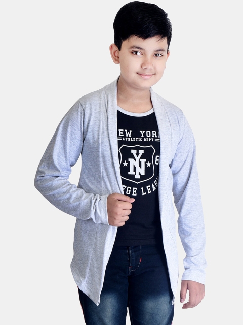 

Fabshio Boys Grey & Navy Blue Printed T-shirt with Attached Shrug