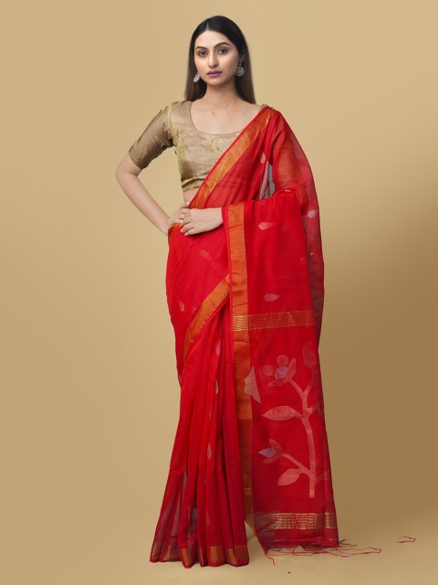 

Unnati Silks Red Silk Cotton Woven Design Maheshwari Saree