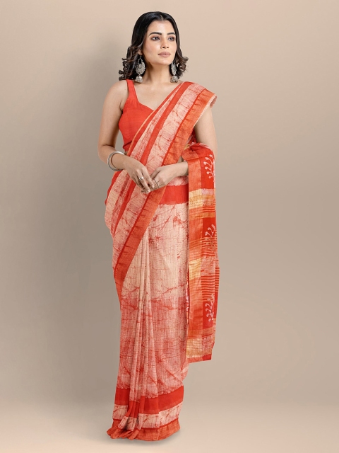 

BharatSthali Orange & Gold-Toned Silk Cotton Printed Venkatgiri Saree