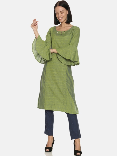 

Saffron Threads Women Green Flared Sleeves Dobby Cotton Kurta