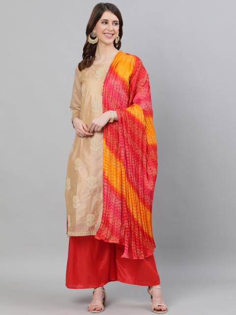 

Ishin Women Beige & Red Embroidered Kurta with Palazzos & Dupatta