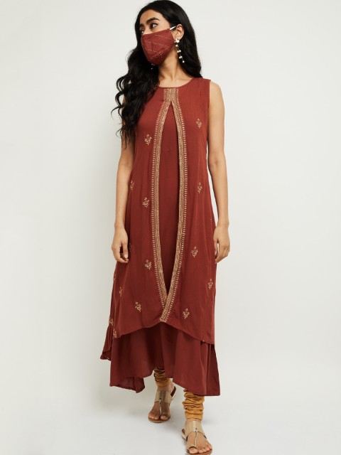 

max Women Rust Red Embroidered Kurta