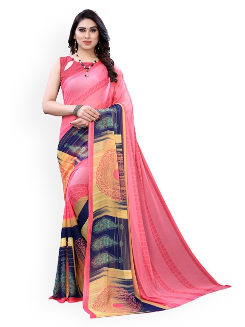 

KALINI Pink & Navy Blue Poly Chiffon Checked Saree
