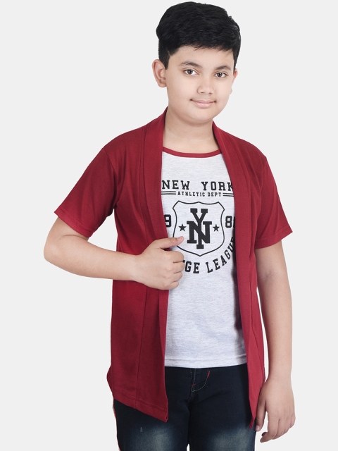 

Fabshio Boys Maroon & Grey Printed Cotton T-shirt with Jacket
