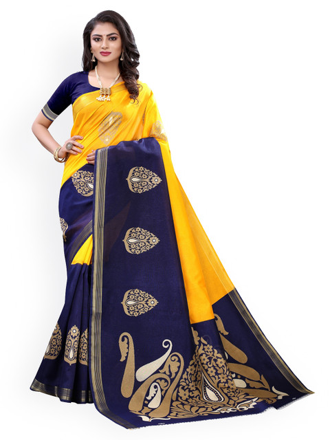 

KALINI Navy Blue & Yellow Poly Silk Printed Saree