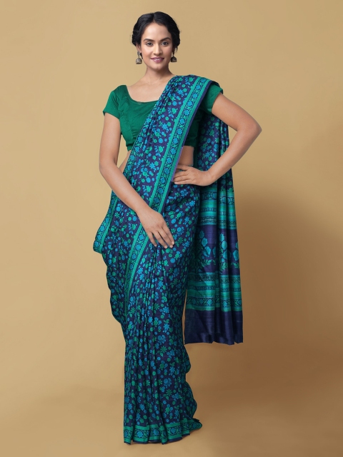 

Unnati Silks Navy Blue Pure Silk Printed Handloom Tussar Saree