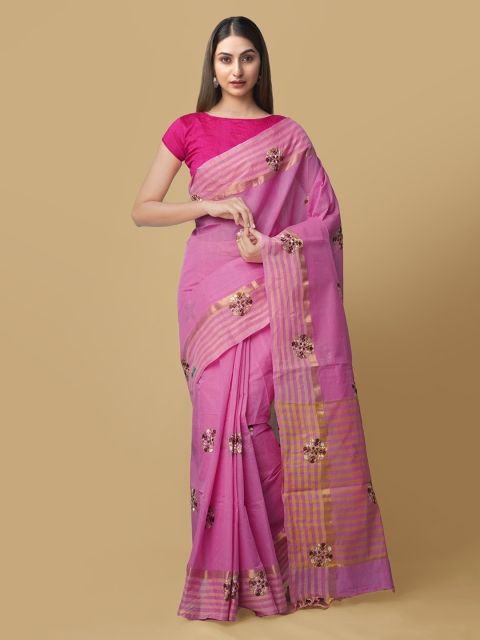 Unnati Silks Pink Pure Cotton Embroidered Mangalagiri Saree