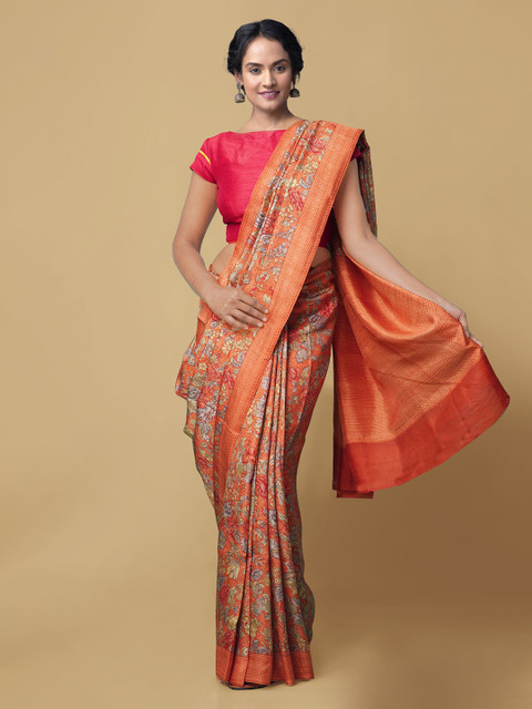 

Unnati Silks Orange & Grey Pure Silk Woven Design Tussar Saree