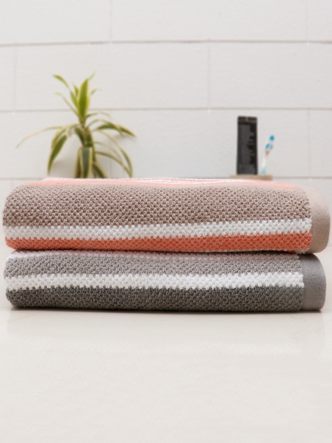 

AVI Living Set Of 2 Charcoal Grey & Peach-Coloured Striped Cotton Bath Towels