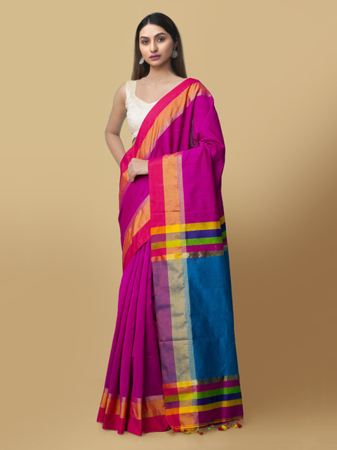 

Unnati Silks Pink Silk Cotton Solid Kanjeevaram Saree