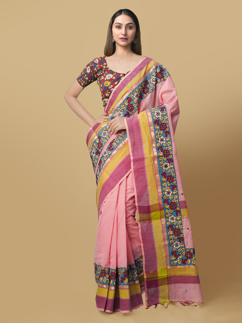 

Unnati Silks Pink & Blue Pure Cotton Printed Mangalagiri Saree