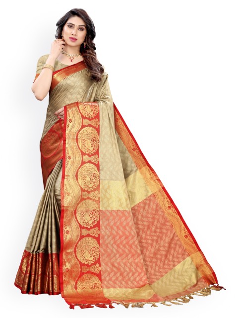

KALINI Beige & Red Poly Silk Woven Design Banarasi Saree
