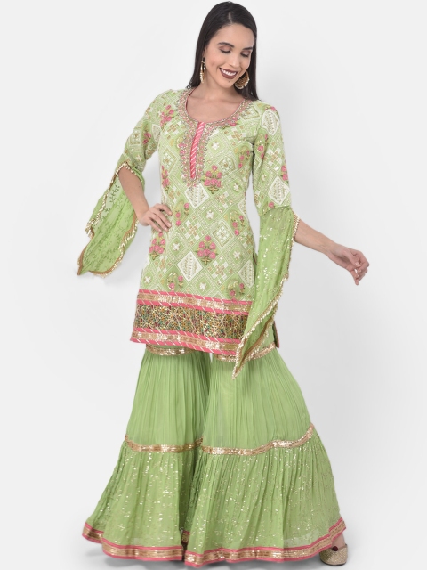 

Neerus Women Green & Pink Embroidered Kurti with Sharara & Dupatta