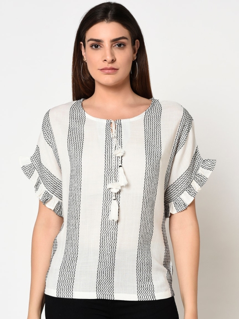 

METTLE White & Black Striped Tie-Up Neck Regular Top