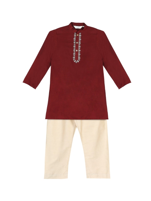 

indus route by Pantaloons Boys Maroon & Cream-Coloured Solid Kurta with Pyjamas