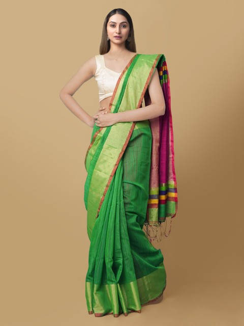 

Unnati Silks Green Silk Cotton Solid Kanjeevaram Saree